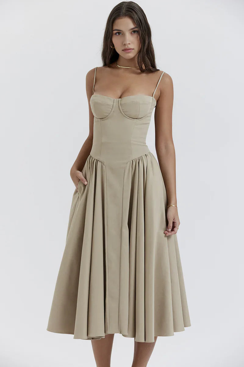 Corset Midi Jurk met Spaghettibandjes