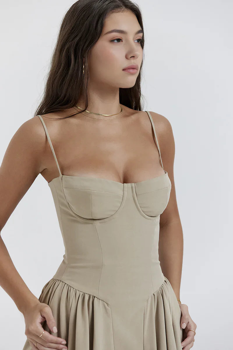Corset Midi Jurk met Spaghettibandjes