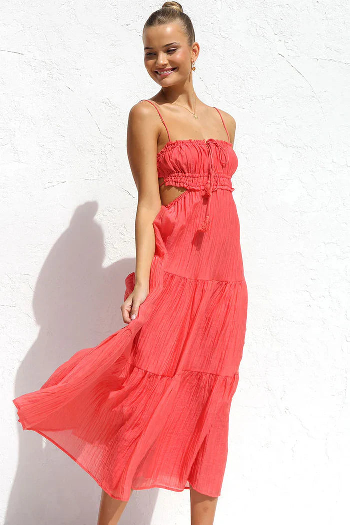 Koraalkleurige Maxi Jurk met Cut-Out Zijkanten
