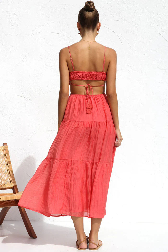 Koraalkleurige Maxi Jurk met Cut-Out Zijkanten