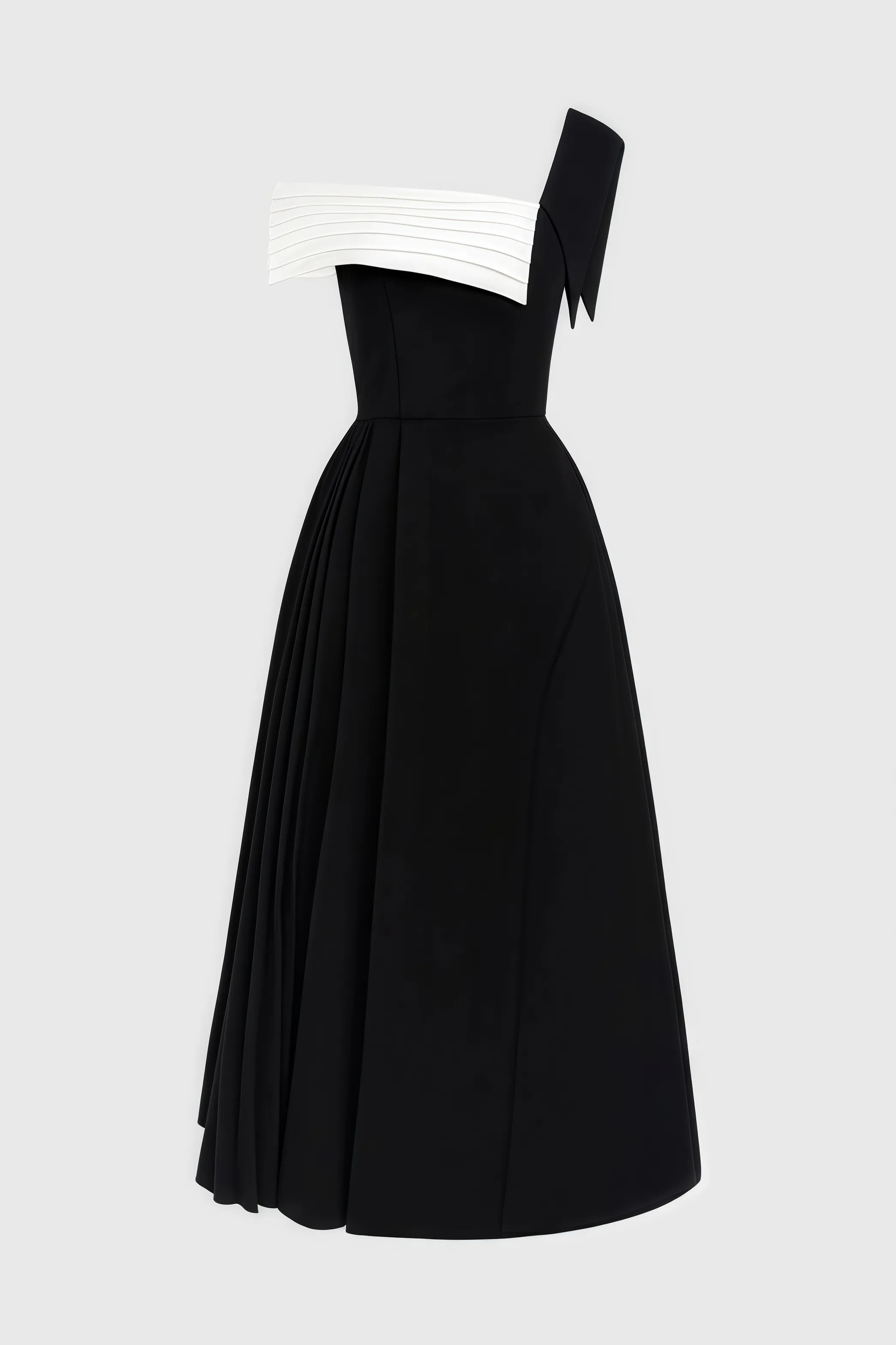 Zwart-witte asymmetrische strapless midi-jurk