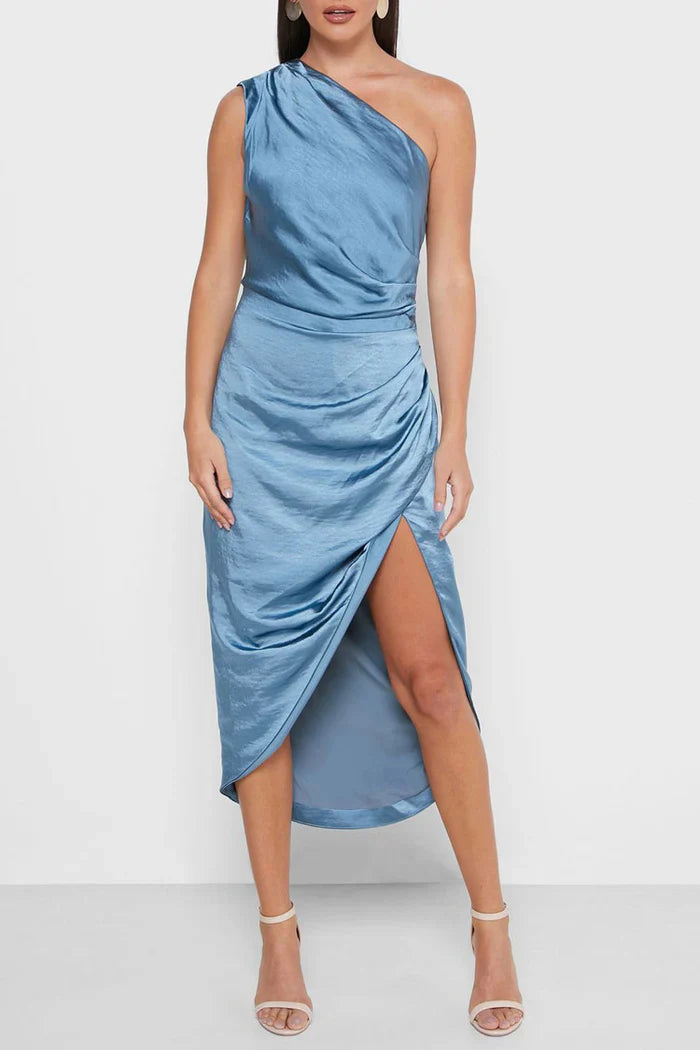 Blauwe One-Shoulder Satijnen Jurk