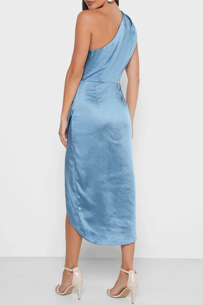 Blauwe One-Shoulder Satijnen Jurk
