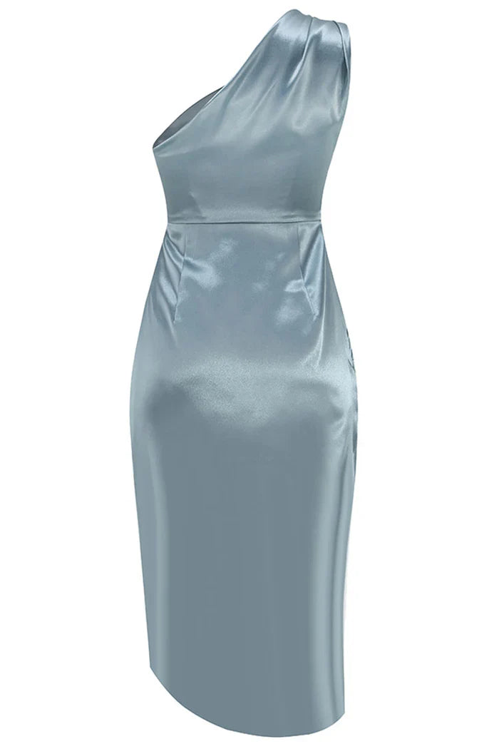 Blauwe One-Shoulder Satijnen Jurk