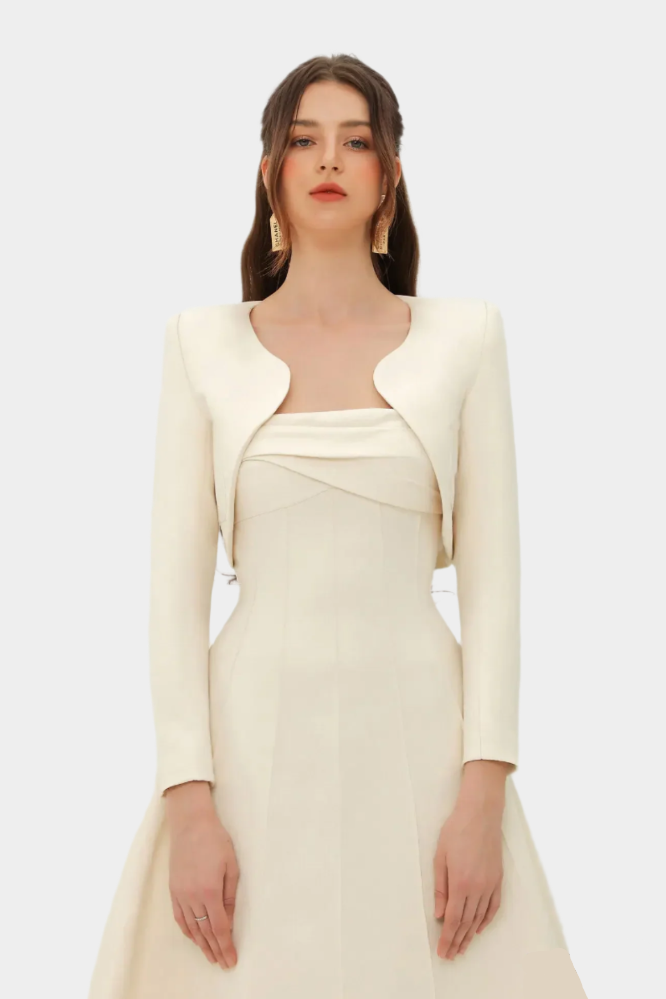 Ivoren Midi Jurk met Lange Mouwen en Bolero