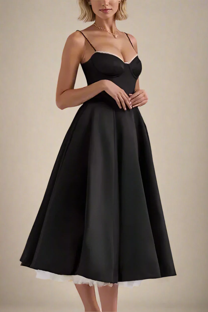 Corset Midi Jurk met Kant en Dunne Bandjes
