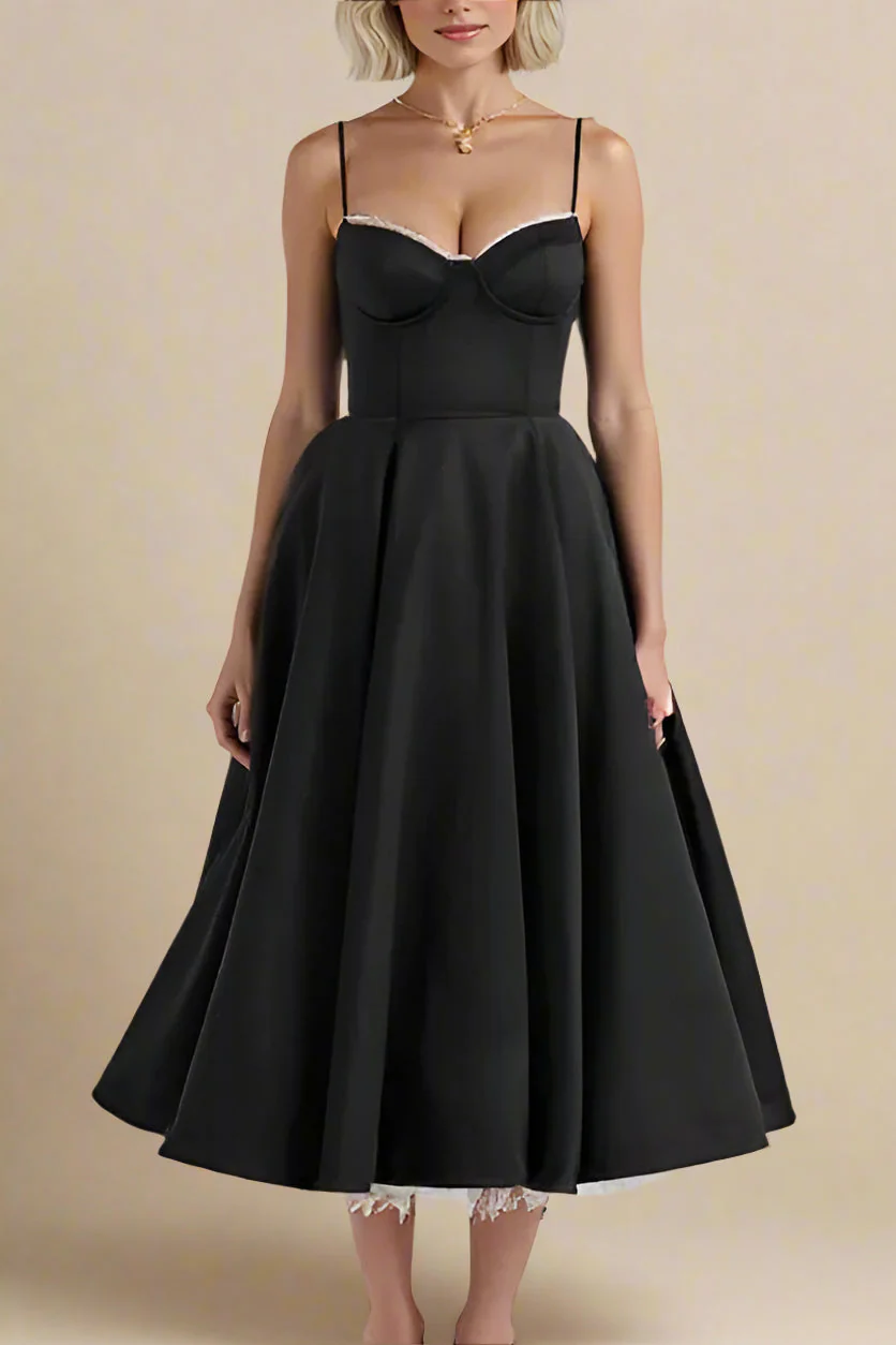 Corset Midi Jurk met Kant en Dunne Bandjes