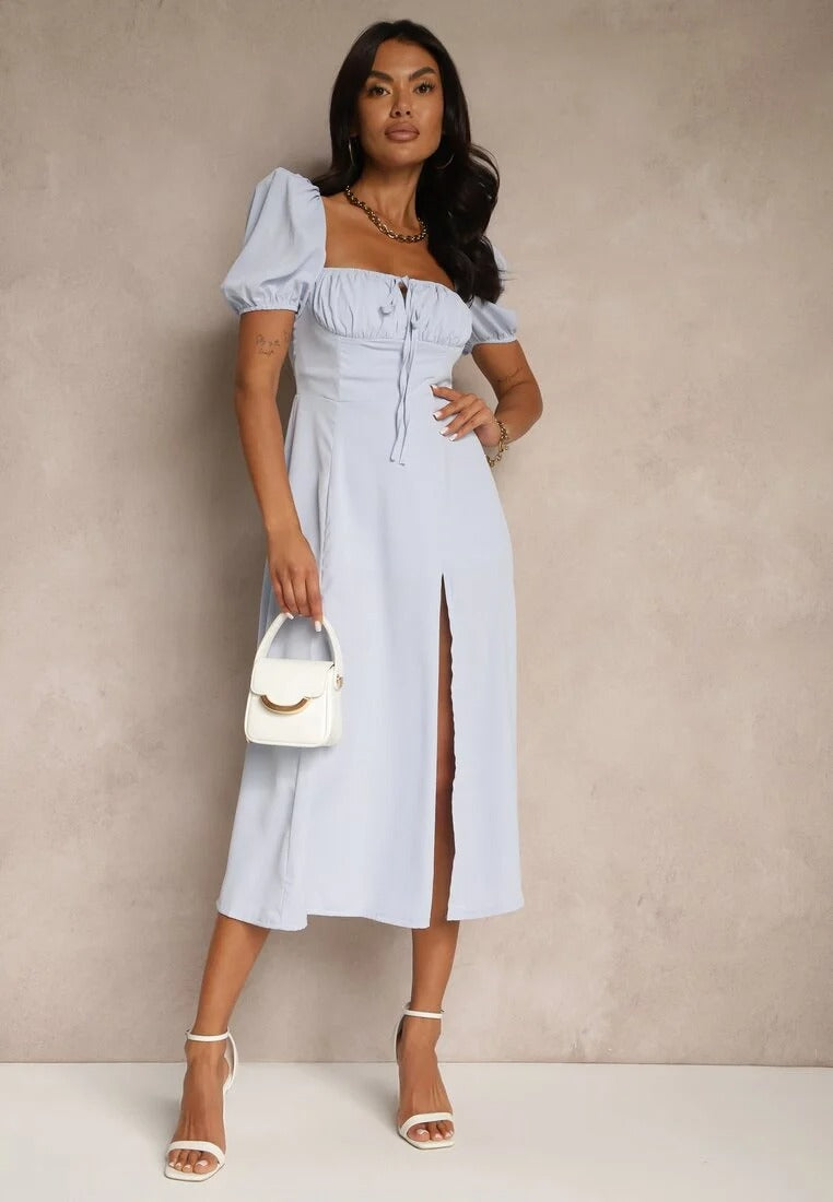 Midi Jurk met Pofmouwen en Split