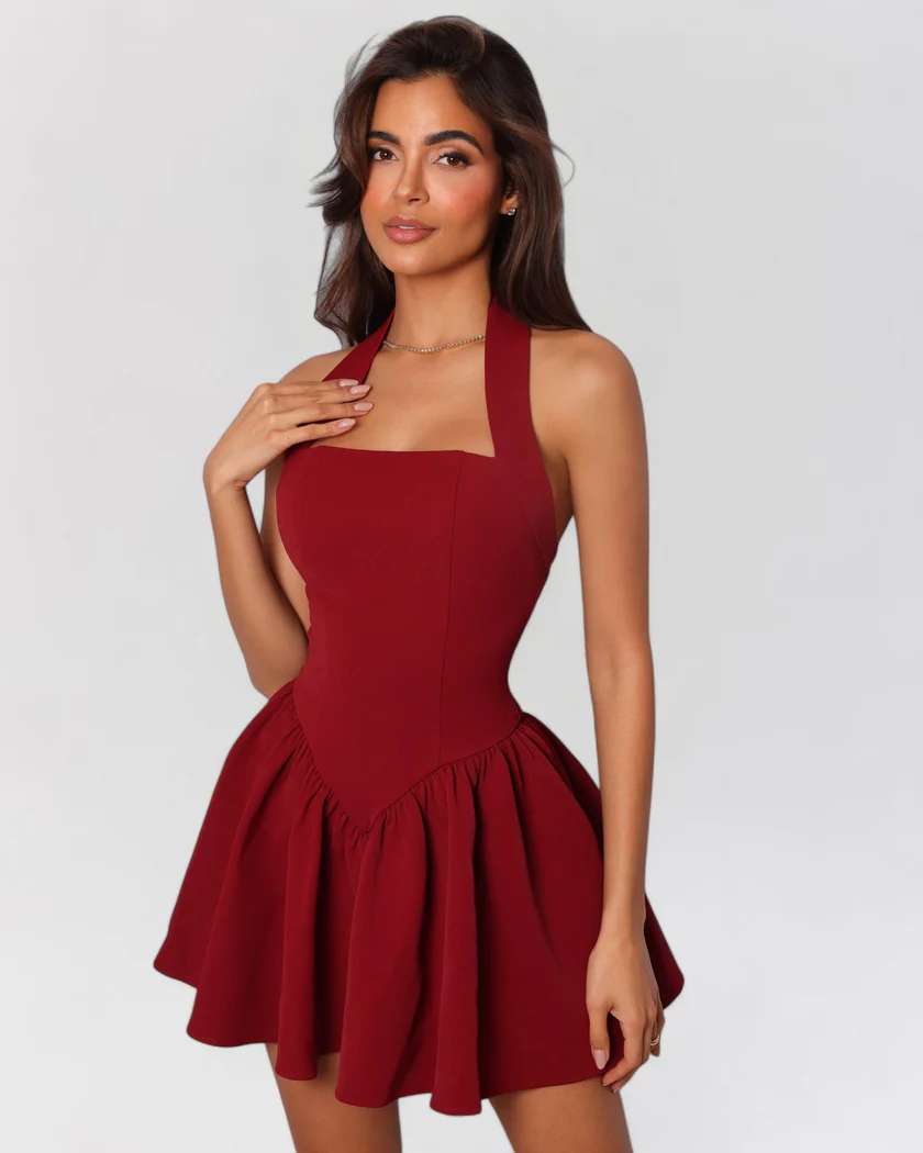Halter Mini Jurk met Uitlopende Rok