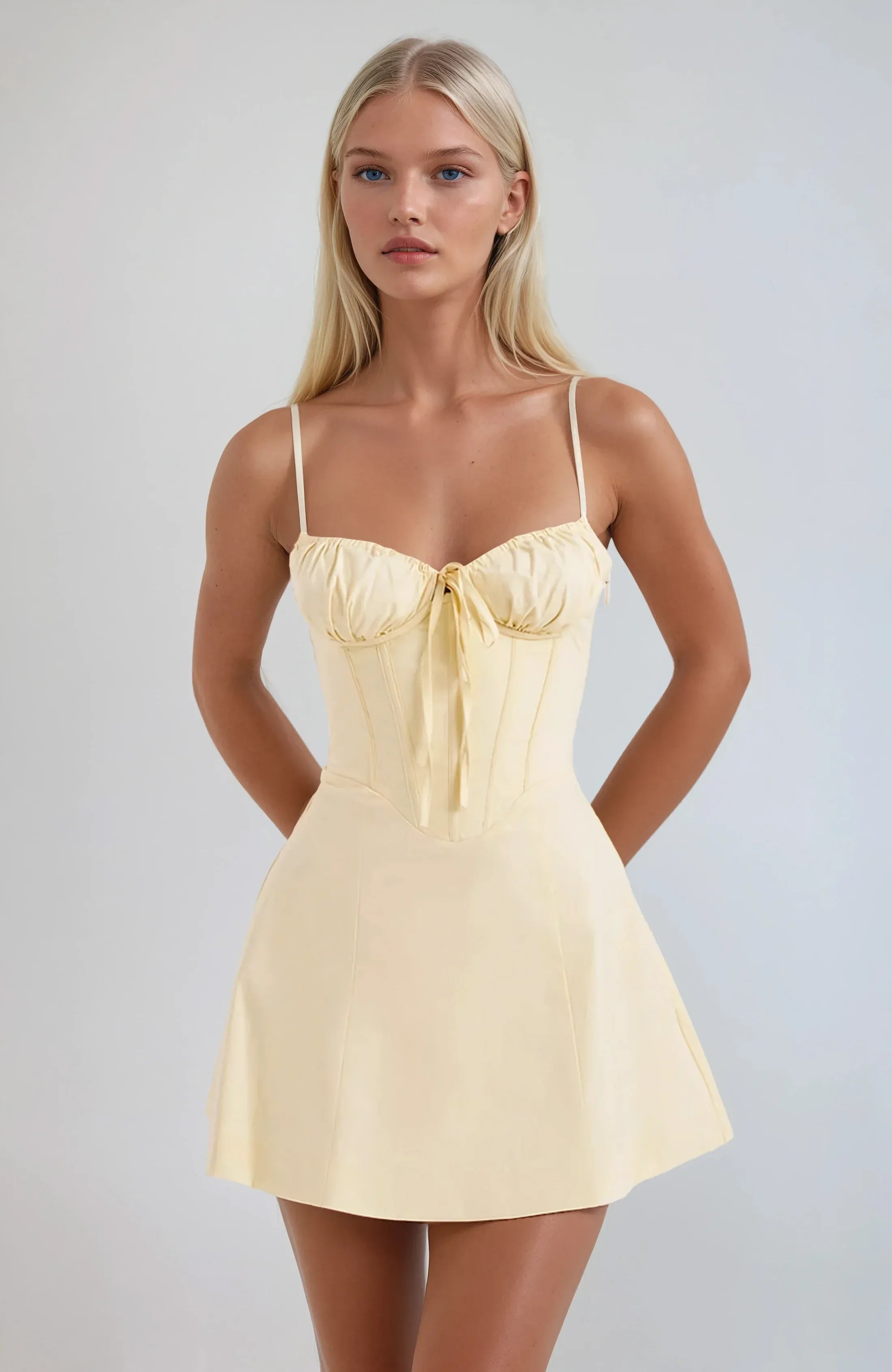 Lichtgele Bustier Mini Jurk met Strikdetail