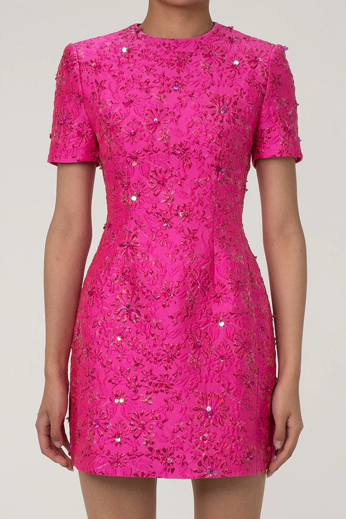 Roze Geborduurde Mini Jurk met Bloemen