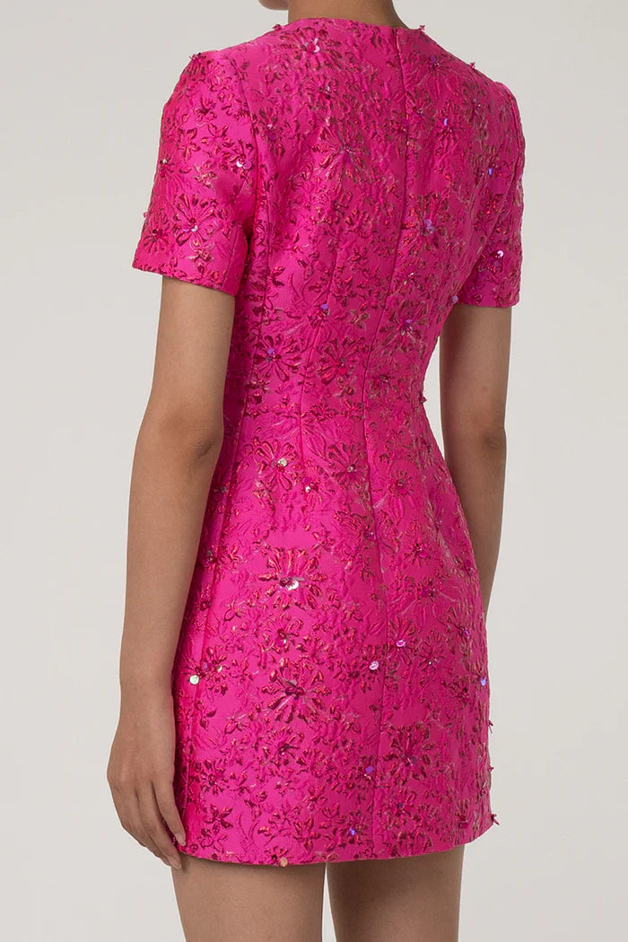 Roze Geborduurde Mini Jurk met Bloemen