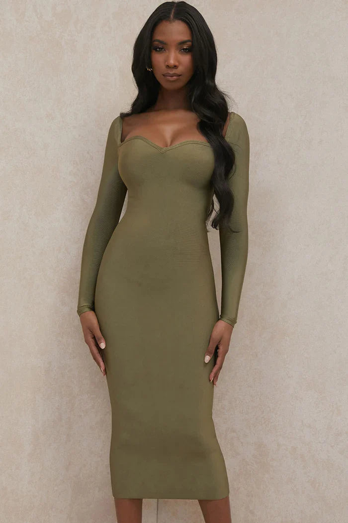 Olijfgroene Bodycon Jurk met Sweetheart Halslijn