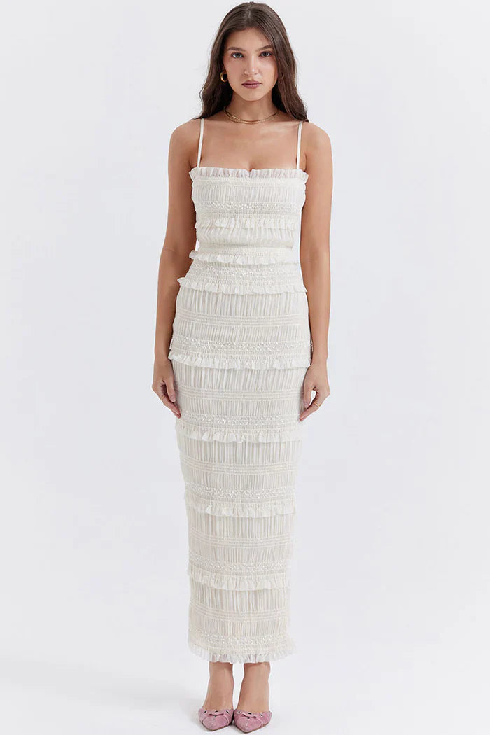 Witte Maxi Jurk met Structuur en Dunne Bandjes