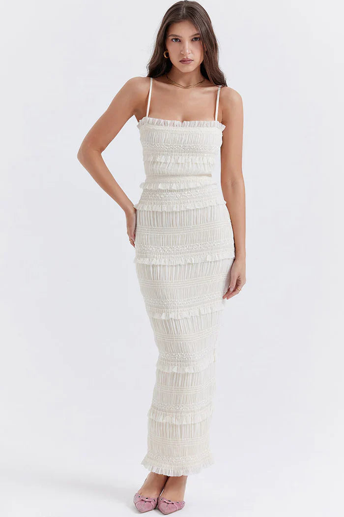 Witte Maxi Jurk met Structuur en Dunne Bandjes