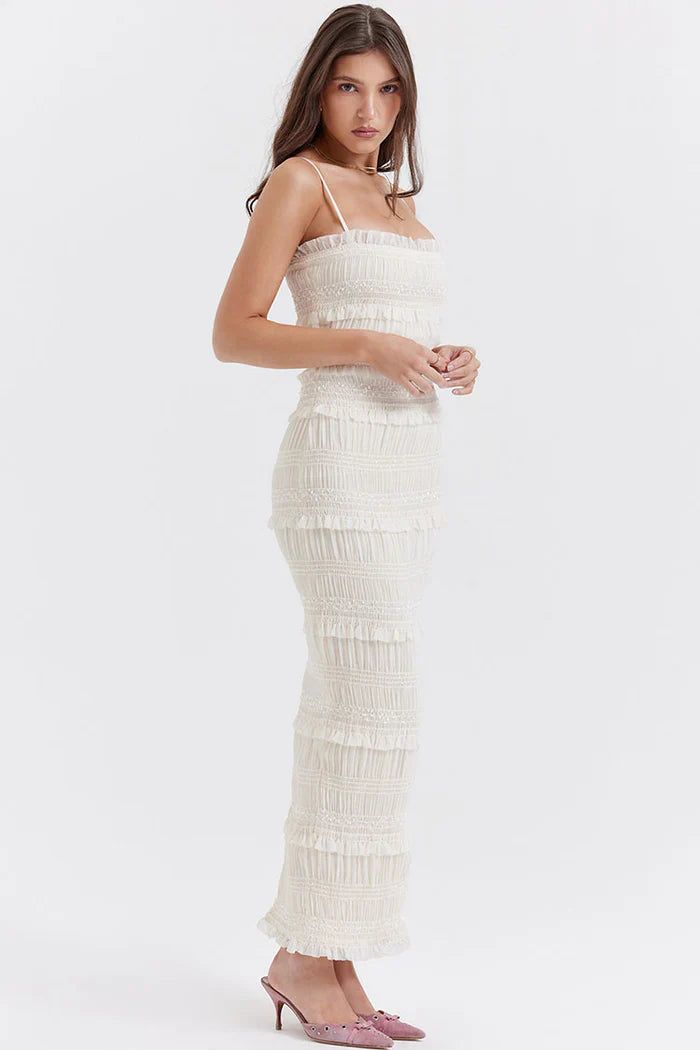 Witte Maxi Jurk met Structuur en Dunne Bandjes