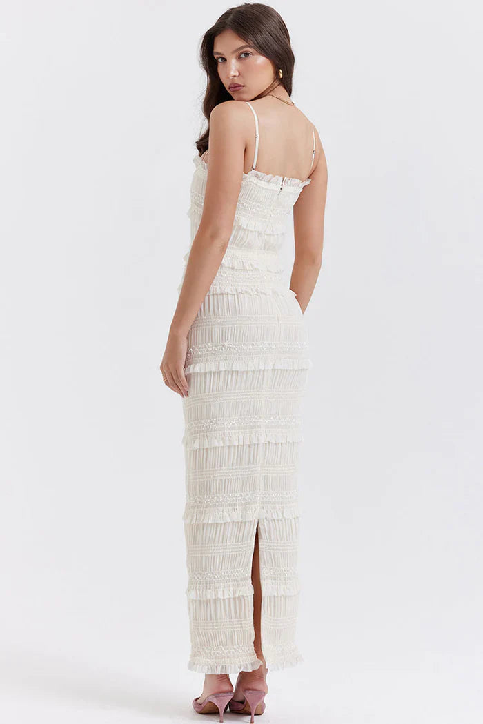 Witte Maxi Jurk met Structuur en Dunne Bandjes