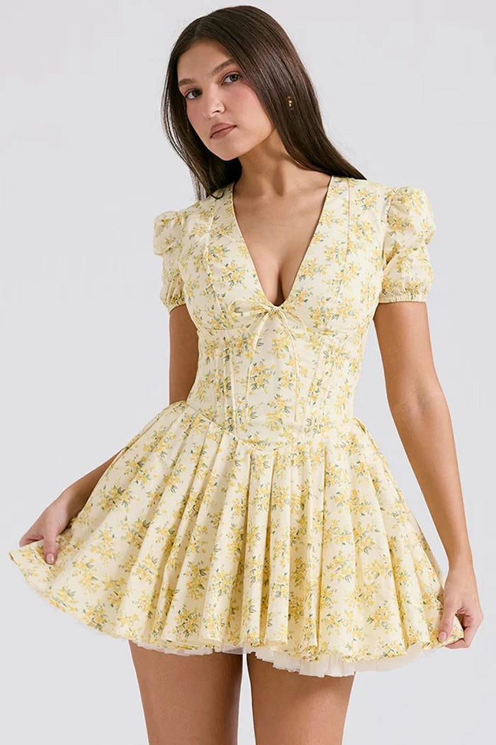 Gele Mini Jurk met Bloemenprint en Pofmouwen