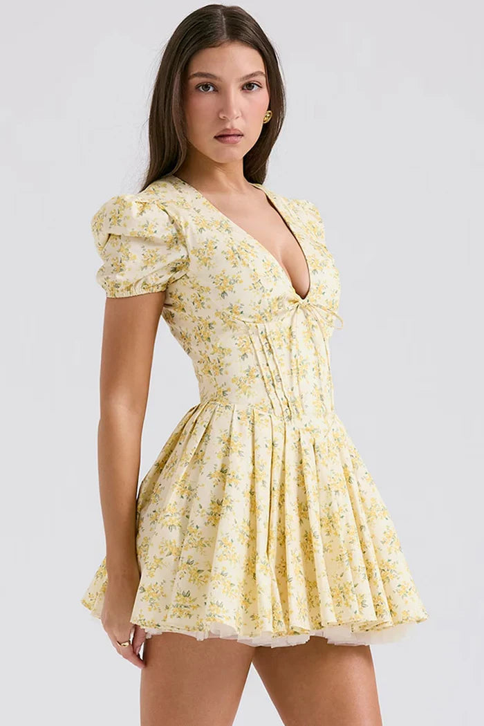Gele Mini Jurk met Bloemenprint en Pofmouwen