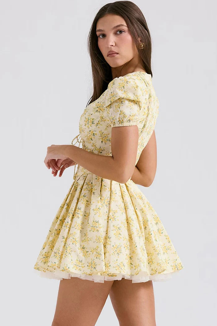 Gele Mini Jurk met Bloemenprint en Pofmouwen