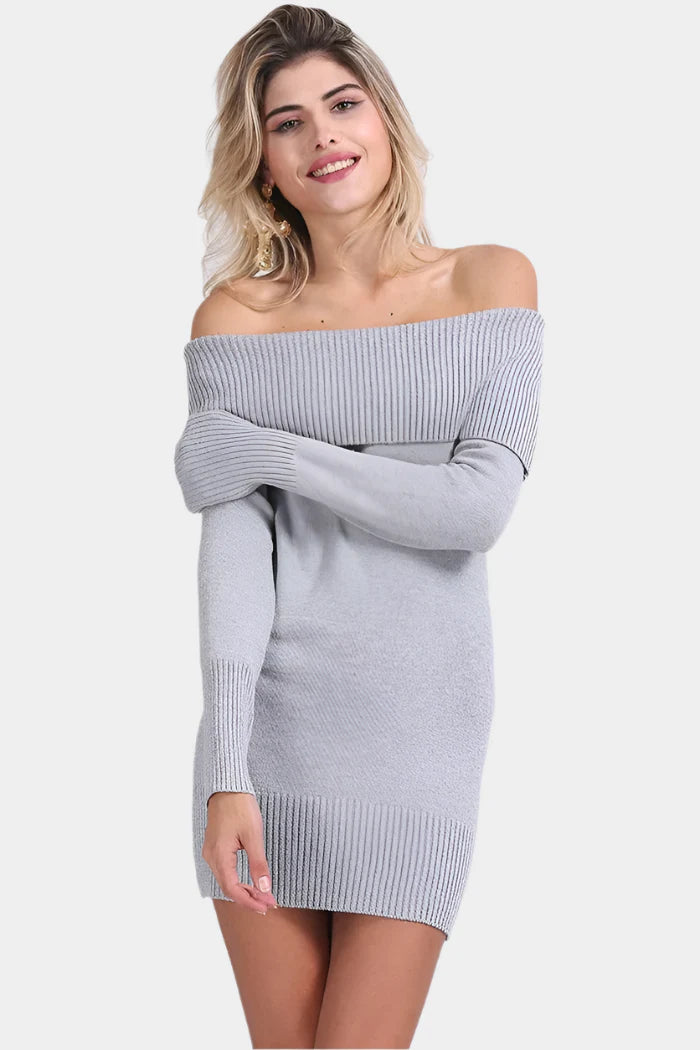 Lichtgrijze Off-Shoulder Gebreide Jurk