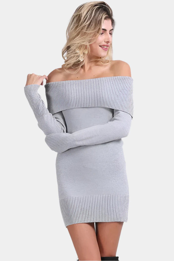 Lichtgrijze Off-Shoulder Gebreide Jurk