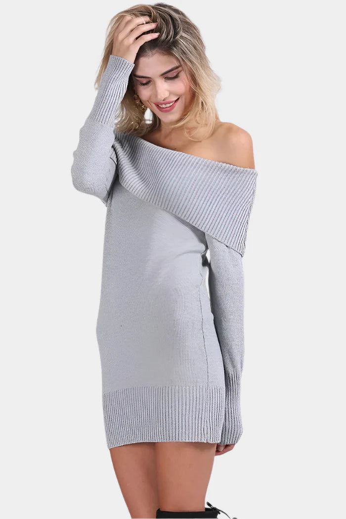 Lichtgrijze Off-Shoulder Gebreide Jurk