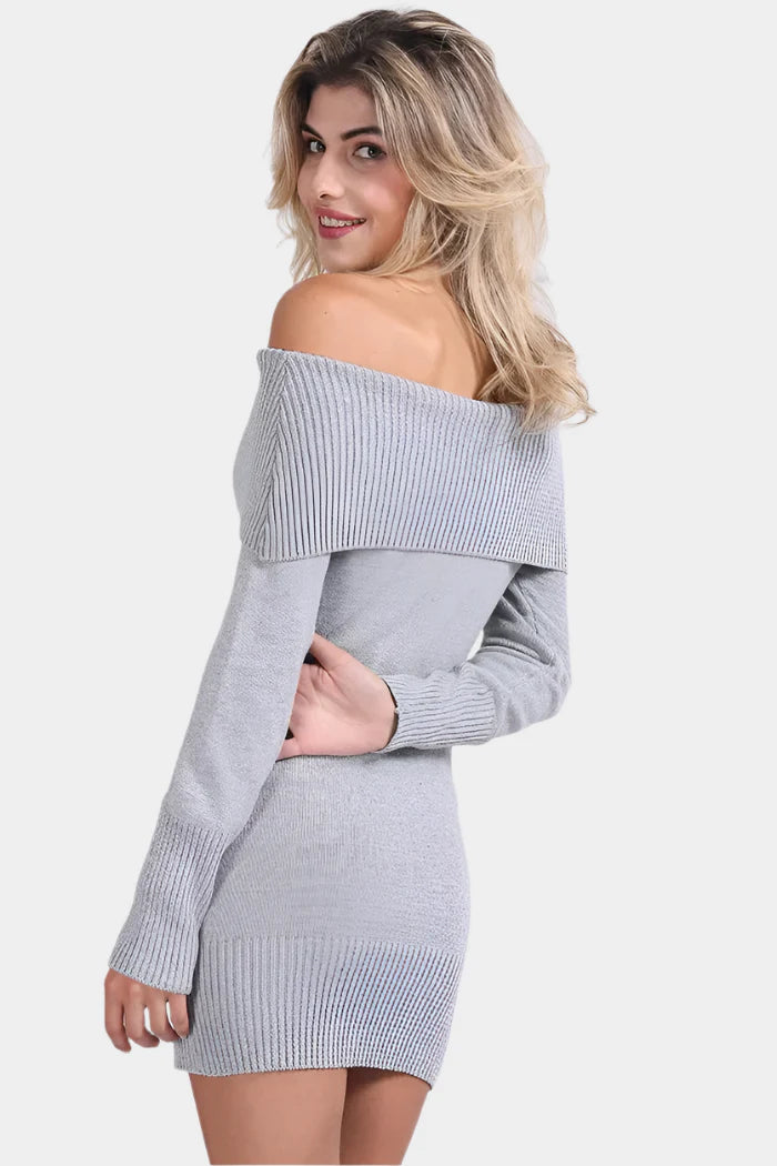 Lichtgrijze Off-Shoulder Gebreide Jurk