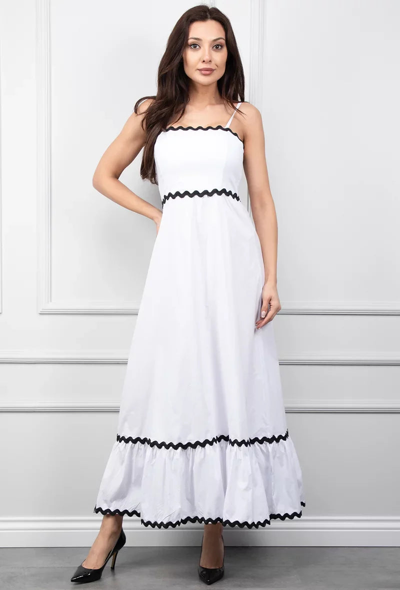 Witte Maxi Jurk met Zwarte Afwerking
