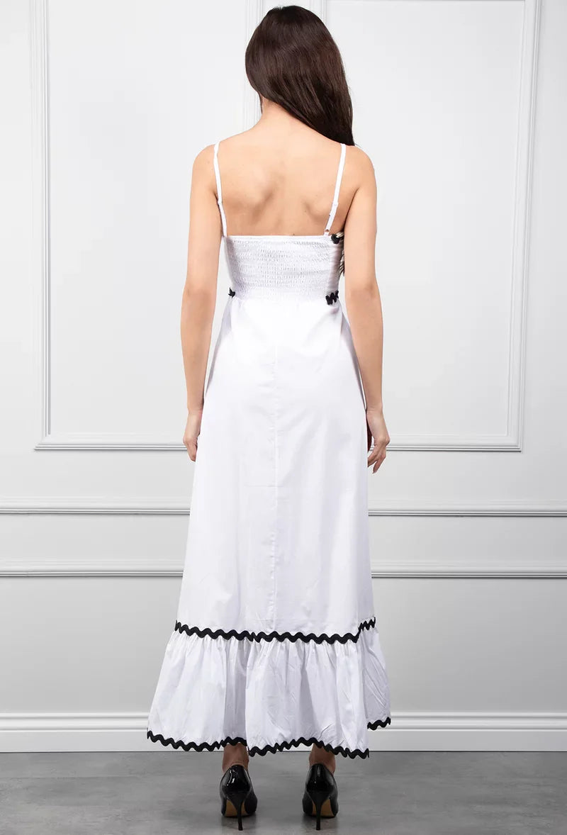 Witte Maxi Jurk met Zwarte Afwerking