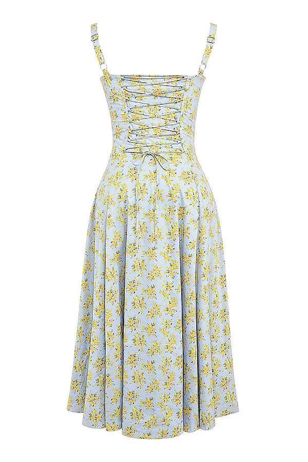 Lichtblauwe Corset Midi Jurk met Bloemenprint