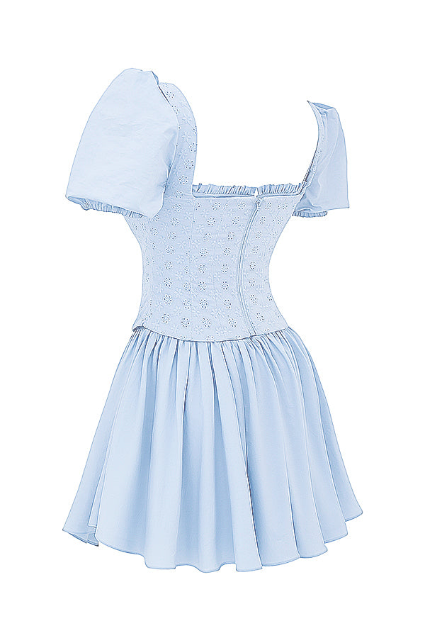 Broderad blå korsett-miniklänning
