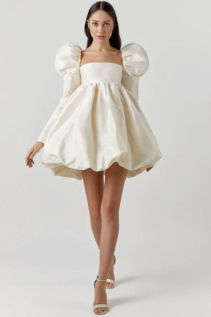 Witte Mini Jurk met Pofmouwen