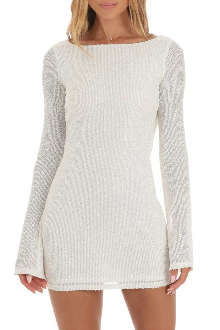 Witte Glitter Gebreide Mini Jurk met Lange Mouwen