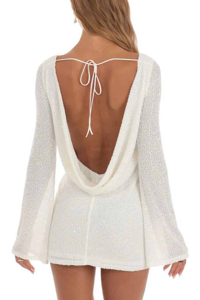 Witte Glitter Gebreide Mini Jurk met Lange Mouwen