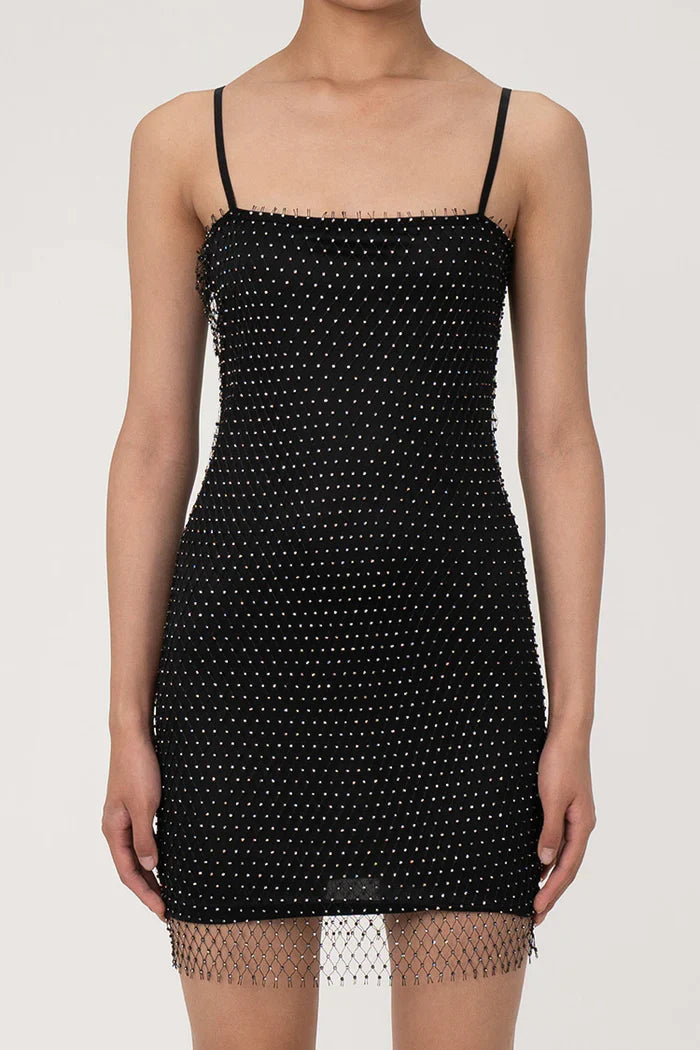 Zwarte Mini Jurk met Strass en Mesh