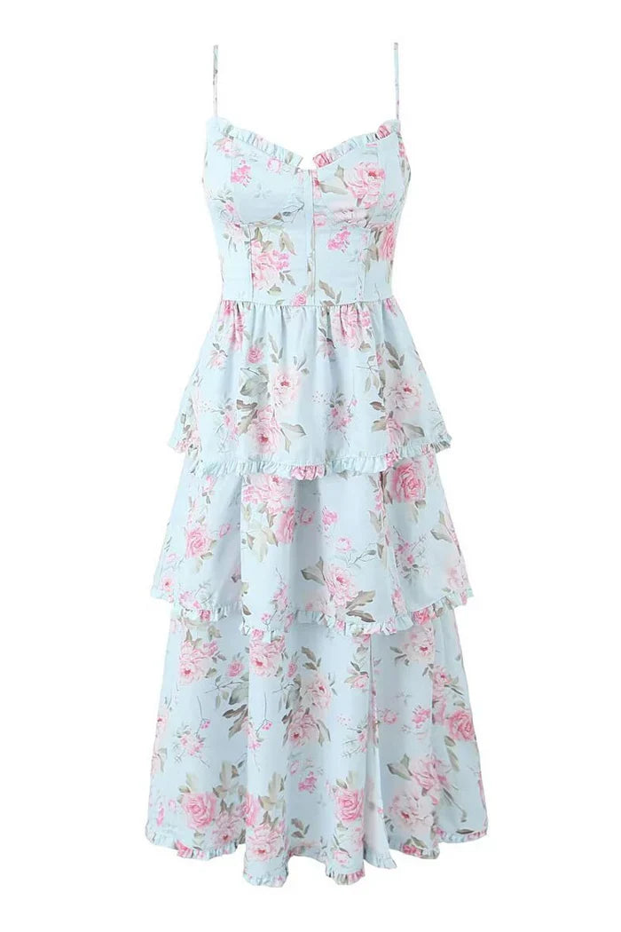 Lichtblauwe Maxi Jurk met Rozenprint