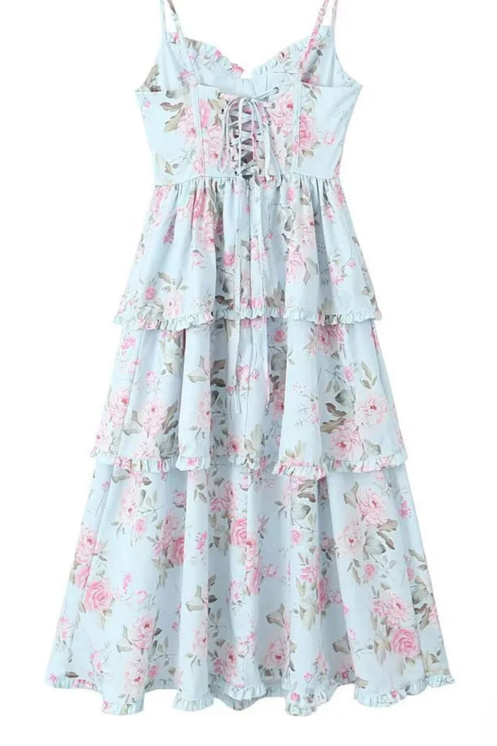 Lichtblauwe Maxi Jurk met Rozenprint